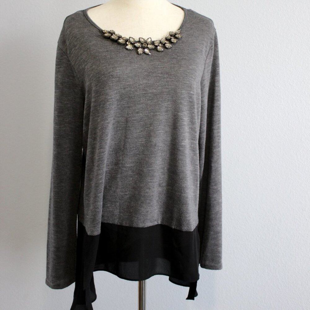 AB Studio Long Sleeve Beaded Waterfall Top with Sheer Hem Size XL